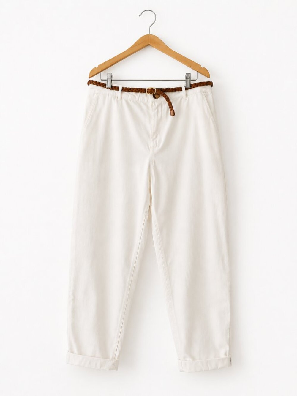 Zara White Chino Pants with Braided Belt | Cropped Relaxed Trousers Size 14